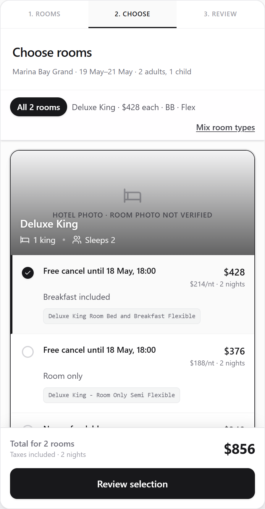 Room families with rates for breakfast, cancellation, and stay total