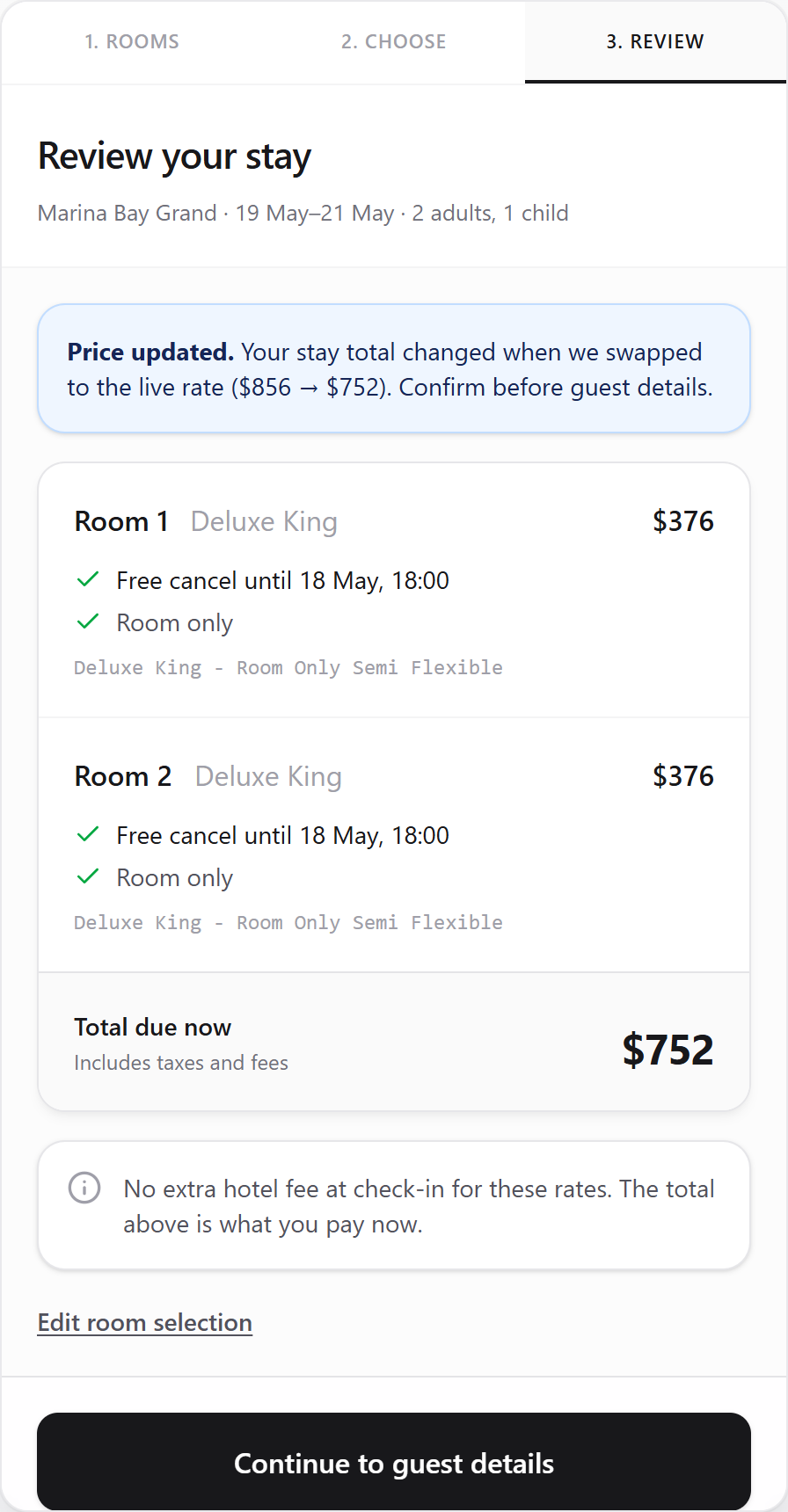 Review screen with a per-room breakdown and one stay total